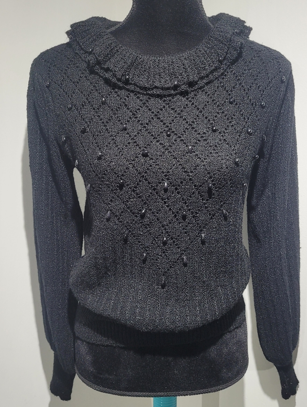 Mister Leonard Women's Vintage Ruffle Kneck Beaded Sweater Medium Black